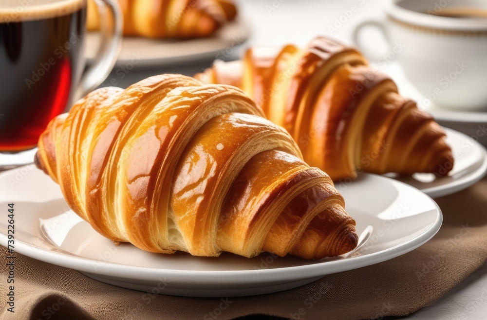Coffee cup, beans and croissant on a wooden background on the table. The perfect breakfast in the morning Coffee cup, beans and croissant on a wooden background on the table. The perfect breakfast in the morning