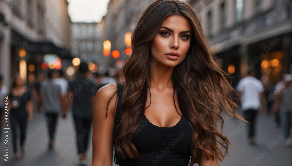 Beautiful Brunette woman model walking on the street. AI generated