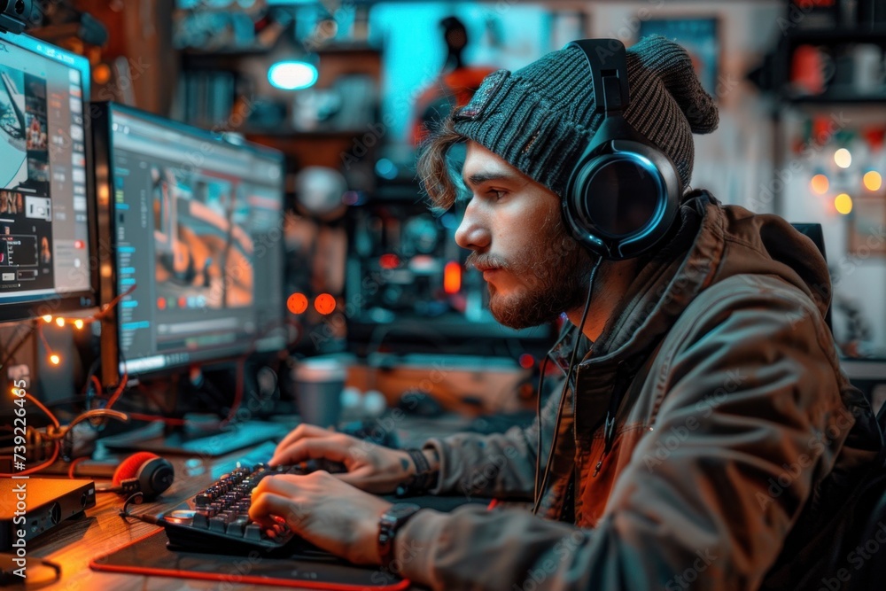 Young Male Video Blogger Streaming Video Games at Night Young Male Video Blogger Streaming Video Games at Night