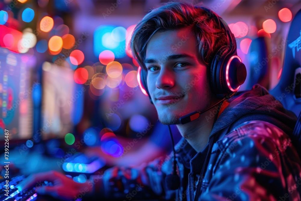 Young Male Video Blogger Streaming Video Games at Night Young Male Video Blogger Streaming Video Games at Night