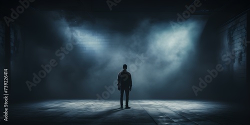 A man stands near a dimly lit room filled with emptiness. Concept Loneliness  Isolation  Emptiness  Solitude  Contemplation