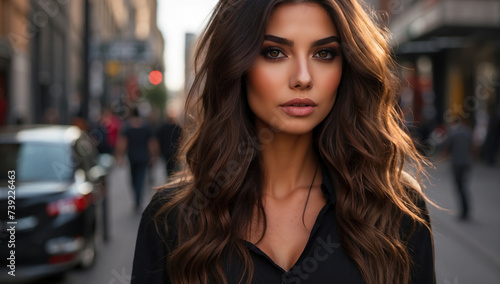 Beautiful Brunette woman model walking on the street. AI generated