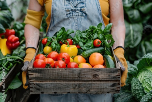 Woman Farmer Holding a Crate of Fresh Vegetables in a Greenhouse