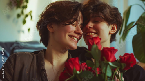 Smiling young lesbian couple holding flowers together. Engagement celebration. Pride concept. Generative AI