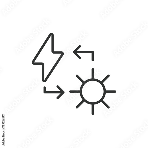 Converting sunlight to electricity icon in line design. Converting, sunlight, electricity, energy isolated on white background vector. Converting sunlight to electricity, editable stroke icon.