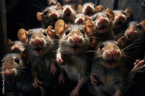 Large Group of Inquisitive Rats Peering From a Dark Enclosure © photolas