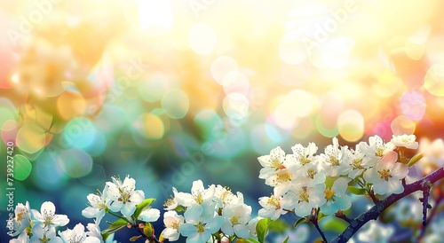 Almond Flowers Blooming in a Sunny Blurred Background, Infused with Trendy Colors, Create a Vibrant and Contemporary Scene. Made with Generative AI Technology
