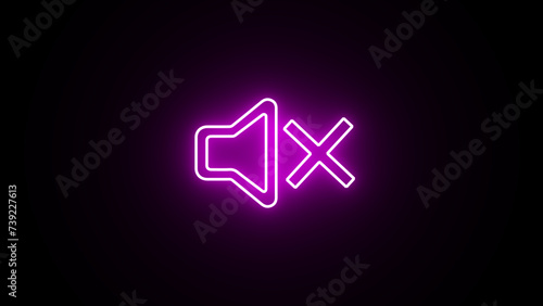 Neon Audio speaker mute icon. Audio Tool In Silence glowing neon icon. rendering of Purple color neon symbol of volume mute icon on black background. photo