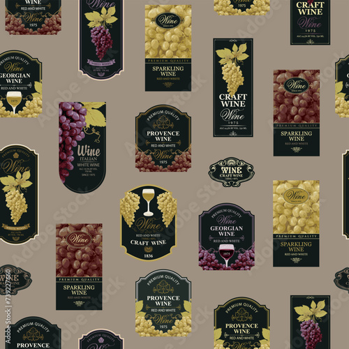 Seamless pattern with ornate wine labels in retro style. Repeating vector background on the theme of wine and wineries. Suitable for vintage Wallpaper, wrapping paper, fabric