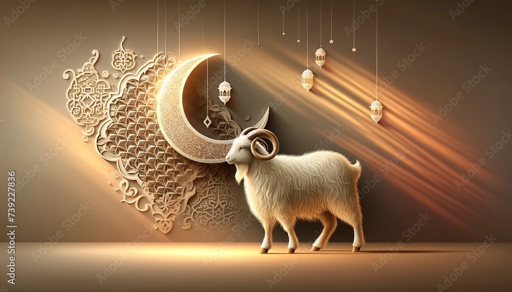 background with sheep and moon 3D rendered Eid ul Adha concept - obrazy, fototapety, plakaty 