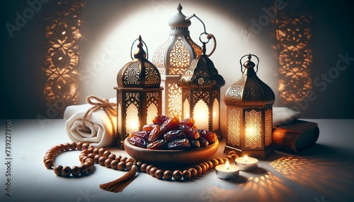 Arabic lantern on wooden floor with starry night sky background, Couple of glowing Moroccan ornamental lanterns on the table.