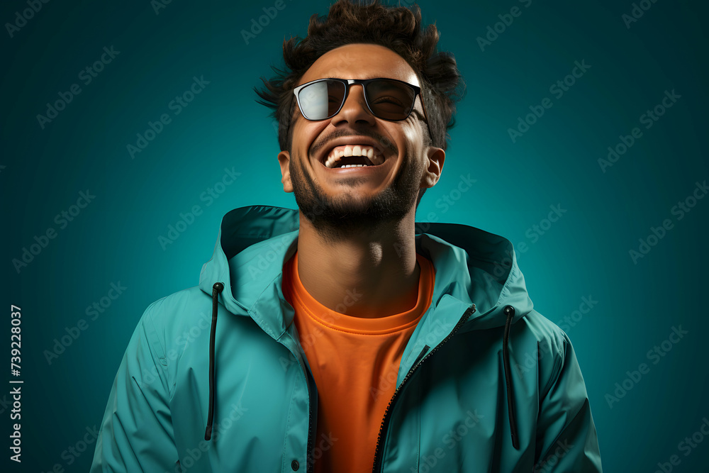 30-Year-Old Directing Attention to Your Promotional Material on a Teal Canvas. 30-Year-Old Directing Attention to Your Promotional Material on a Teal Canvas.
