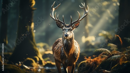 Majestic deer in a misty forest at dawn, soft light filtering through the trees, serene and natural wildlife scene, Photography, telephoto lens to cap © ProVector
