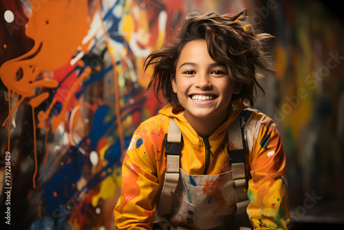 Young Artist in Colorful Overalls Directs Attention to Your Message Against a Sky Blue Backdrop.