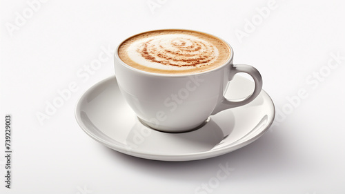 Cup of cappuccino with latte art on white background