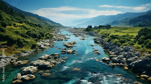 Picturesque river winding through a lush valley, vibrant green foliage along the banks, clear blue water, idyllic and inviting, Photography, aerial sh