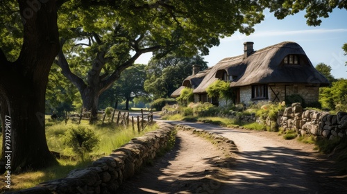 Traditional thatched-roof cottages in a lush green countryside, a narrow path leading through, symbolizing the heritage and beauty of rural architectu photo