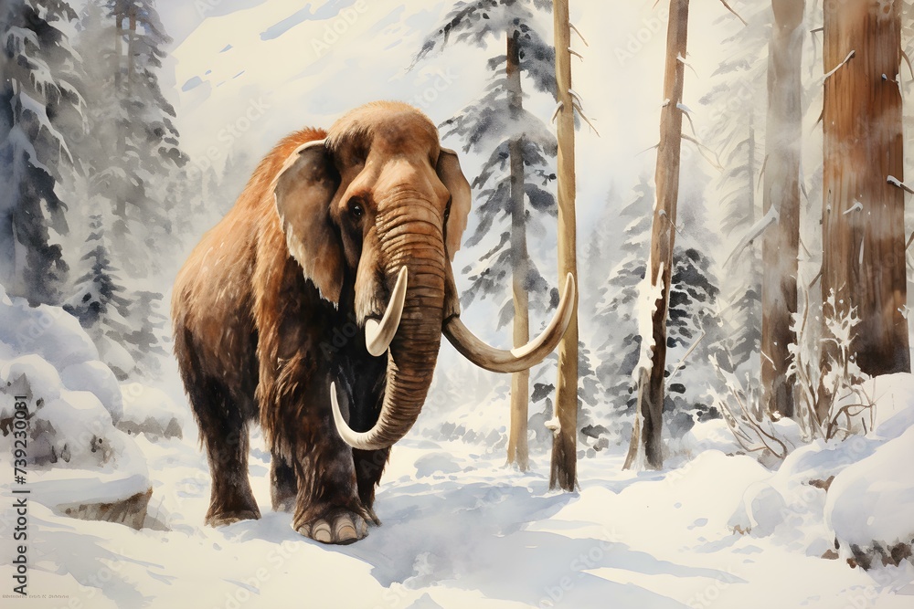 Exploring a snowy forest: A majestic watercolor depiction of a woolly mammoth. Concept Snowy Forest, Woolly Mammoth, Watercolor Art, Majestic Depiction - obrazy, fototapety, plakaty 