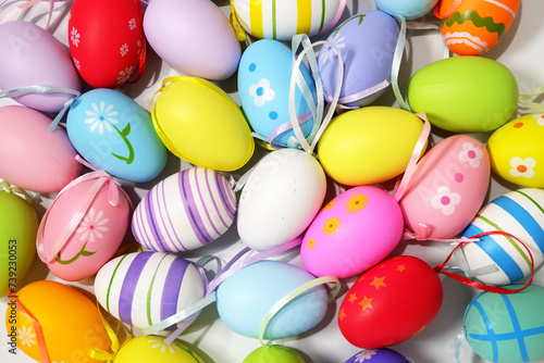Colorful Easter Eggs on white background copy space stock photo