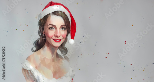 Christmas girl santa claus in a red cap. Watercolor drawing, generative ai.