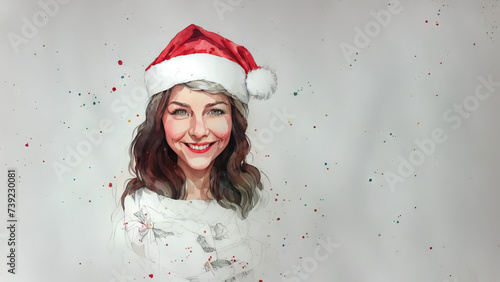 Christmas girl santa claus in a red cap. Watercolor drawing, generative ai.