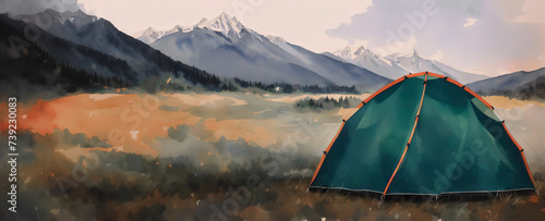 Tent against the backdrop of the mountains, camping in the wild. Watercolor drawing, generative ai.