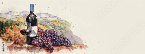 A bottle of wine with a vineyard on the background of a plantation. Drawing, generative ai.
