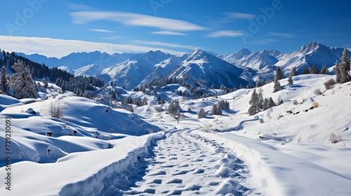 Snowshoe tracks leading through a pristine snowy meadow with mountains in the background, showcasing the adventure and exploration in winter landscape
