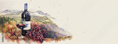 A bottle of wine with a vineyard on the background of a plantation. Drawing, generative ai.