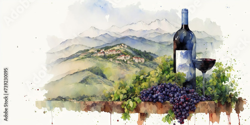 A bottle of wine with a vineyard on the background of a plantation. Drawing, generative ai.