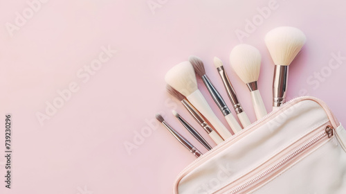 Top view of white cosmetic bag with different brushes. Light pastel color palette. Copy space. Generative AI