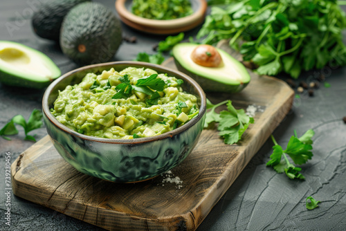 Delicious guacamole in white bowl and fresh avocado on wooden board