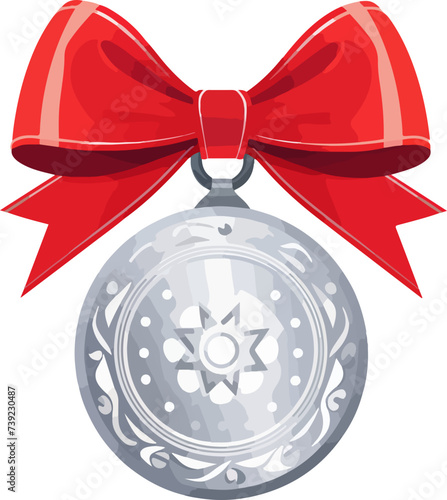 Silver medallion with red ribbon