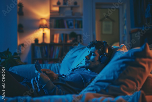 Man on couch watches a movie with headphones.