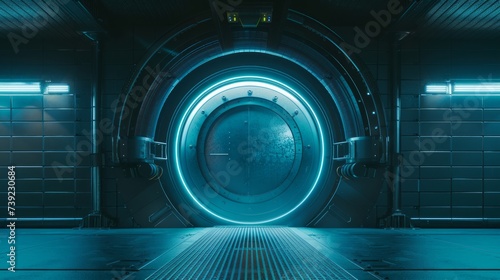 Cyberpunk Dystopian Sci-Fi Scene with Round Door Opening