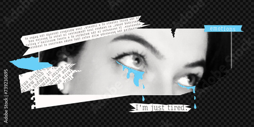 Halftone collage with a crying girl. Concept of poor mental health, depressive state and tiredness. Contemporary vector design with torn paper.