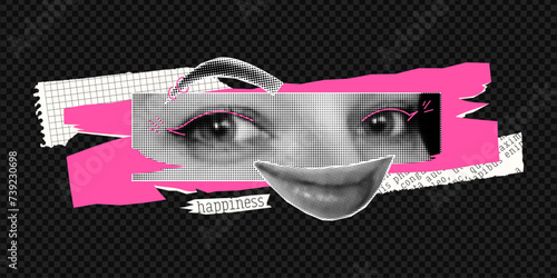 Halftone collage with smiling, happy girl. Concept of good mental health, happiness and joy. Modern vector design with torn paper.