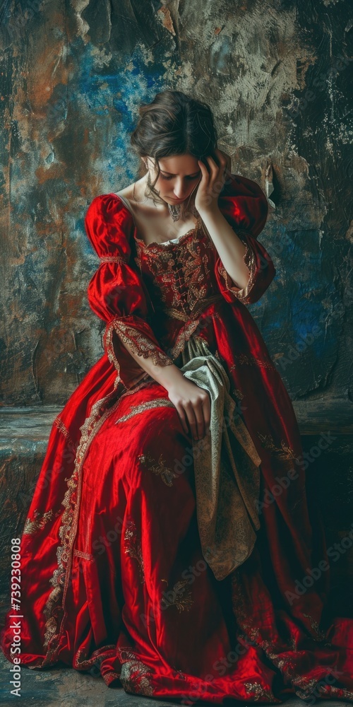 Distressed Medieval Queen in Victorian Dress, Crying and Wearing Jewellery Distressed Medieval Queen in Victorian Dress, Crying and Wearing Jewellery