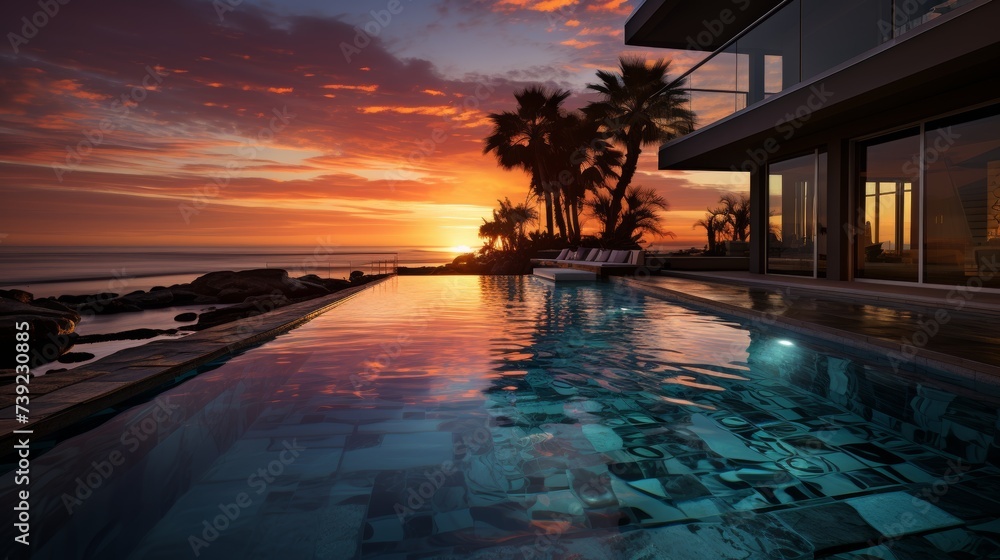 Infinity pool overlooking the ocean at sunset, calm water reflecting the colorful sky, embodying the serenity and beauty of luxury travel, Photorealis