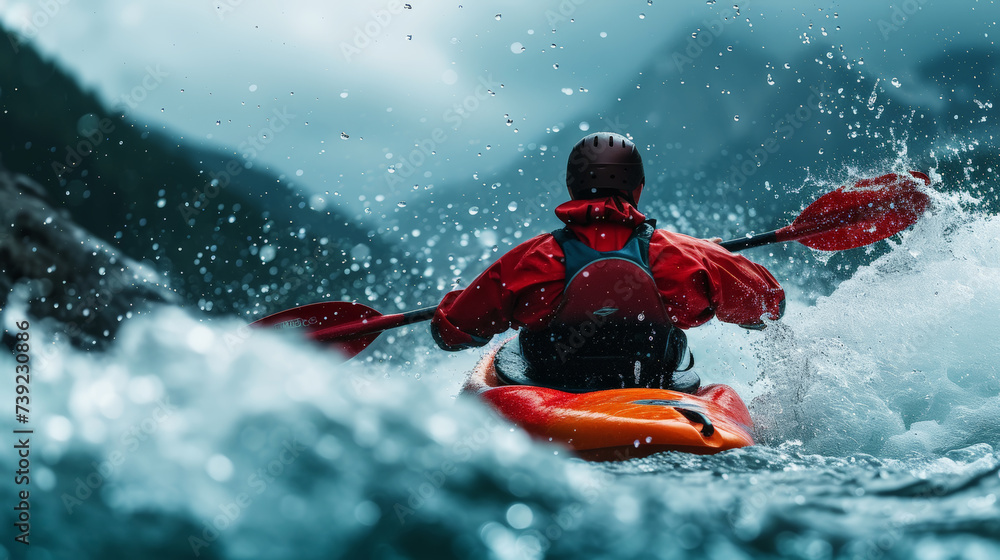 Man in kayak with paddle. Back view. Splashes of water of mountain river. Extreme kayak sport concept. Generative AI