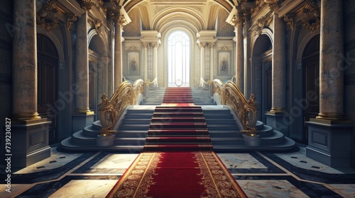 Regal Grandeur: Majestic Entrance of Luxurious Baroque Castle with Red Carpet Staircase and Opulent Interior