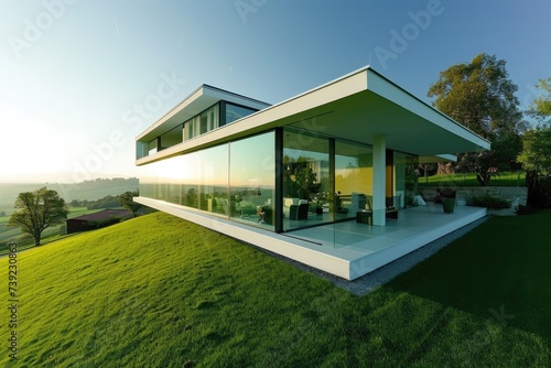 Luxurious Countryside Residence: Modern Architecture with Expansive Glass Windows and Lush Green Landscape © AIGen
