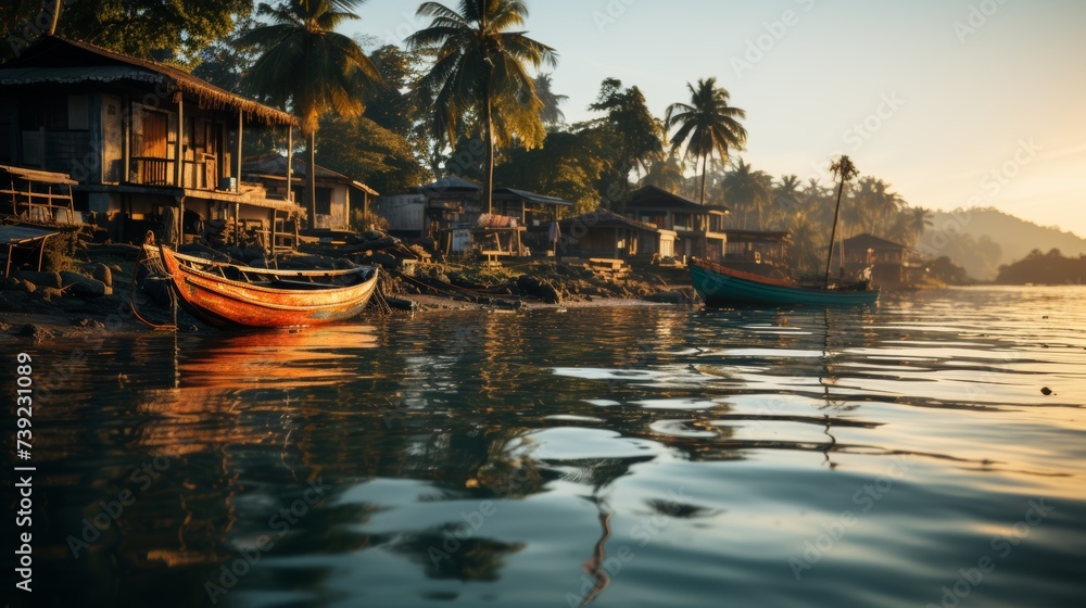 Quiet fishing village at sunrise, boats moored near the shore, serene atmosphere, focusing on the simplicity and beauty of coastal life in the tropics