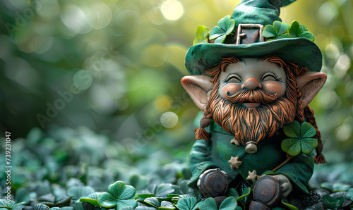Cute leprechaun garden figurine on green spring background. Holiday and st patricks day concept. Cartoon illustration for poster, banner, card photo