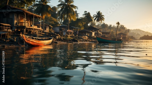 Quiet fishing village at sunrise, boats moored near the shore, serene atmosphere, focusing on the simplicity and beauty of coastal life in the tropics