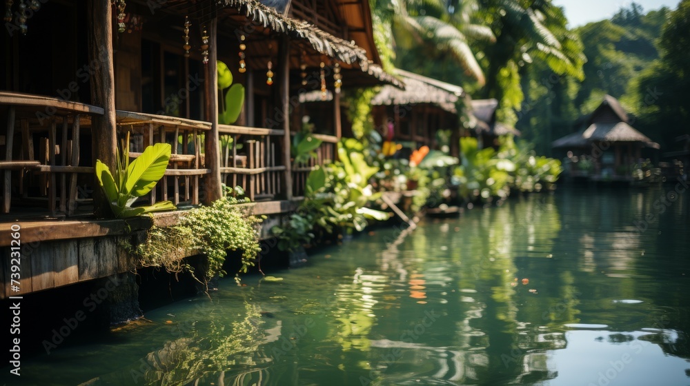 Traditional wooden stilt houses along a tropical river, lush greenery, focus on the unique architecture and waterways, Photorealistic, stilt house pho