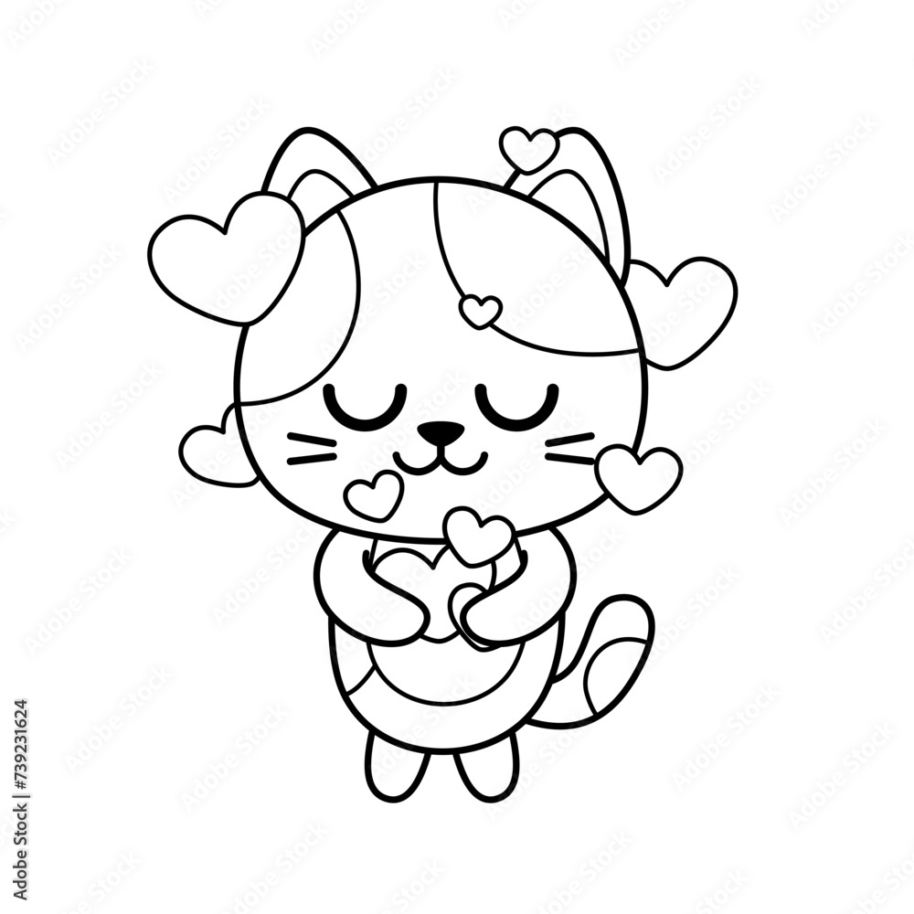Coloring book. Kitten is hugging hearts. Black and white cat. Vector Coloring book. Kitten is hugging hearts. Black and white cat. Vector