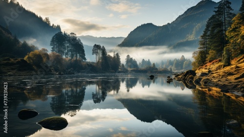 Serene lake reflecting the surrounding mountains and sky at dawn, mist hovering over the water, capturing the peacefulness and symmetry of natural lan photo