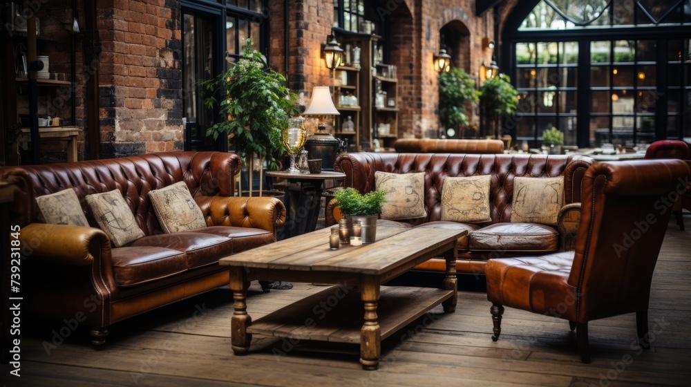 Vintage-inspired cafe interior, eclectic furniture, exposed brick walls, ambient lighting, capturing the charm and character of boutique design, Photo