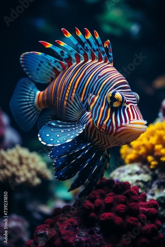 Beautiful rare blue striped fish with big fins, close-up view. An exotic aquarium.